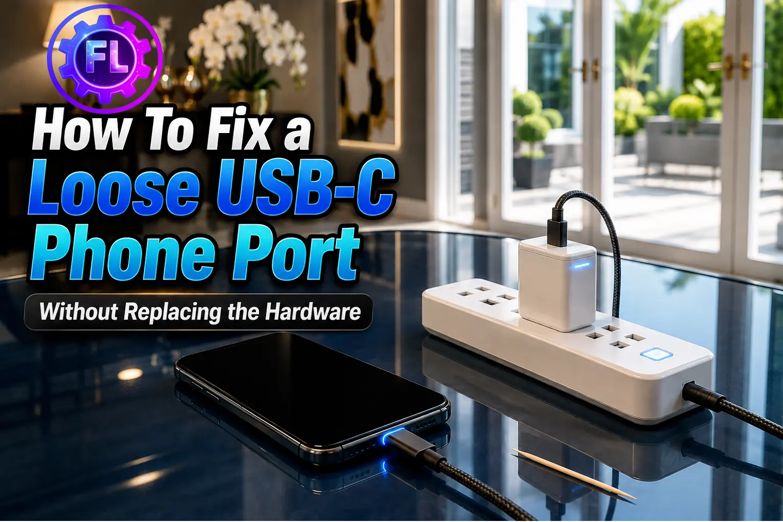 How to Fix a Loose USB-C Phone Port Without Replacing the Hardware - Premium smartphone on glass table with female hand inserting USB-C cable, toothpick and compressed air beside it