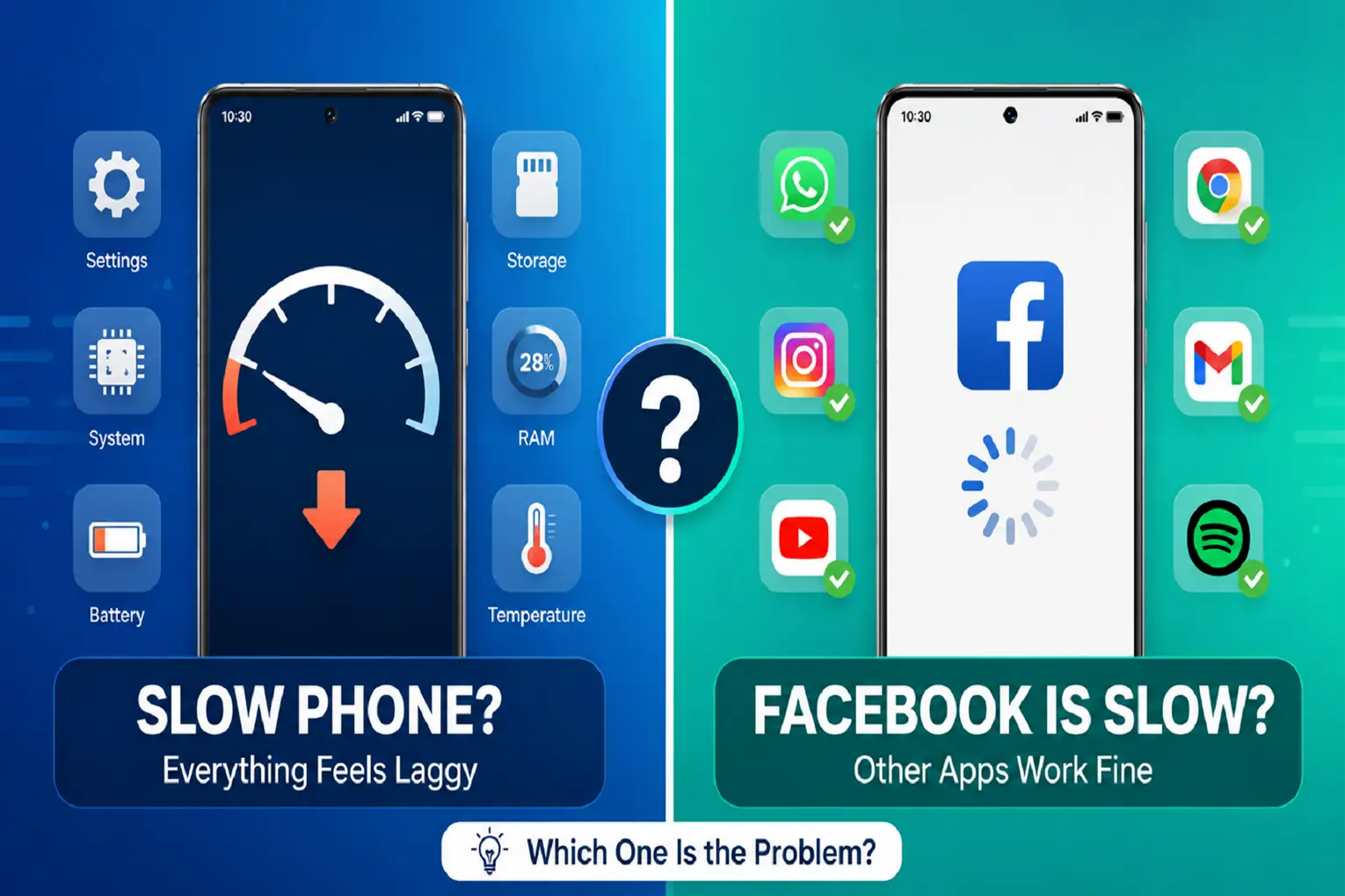 Smartphone screen showing Facebook app loading slowly and troubleshooting steps