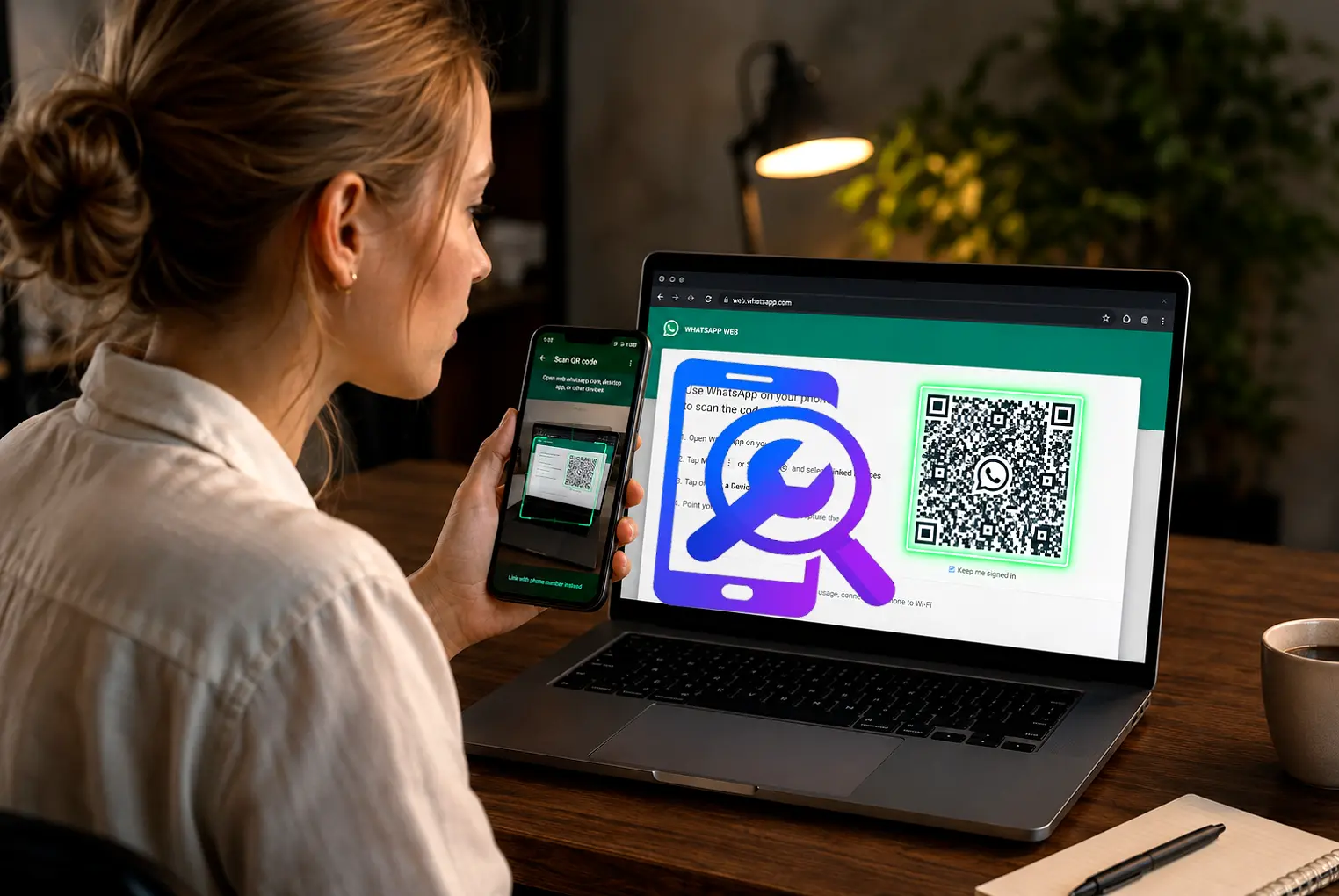 WhatsApp Web QR code not connecting on a laptop, with a complete troubleshooting guide to fix scanning issues.