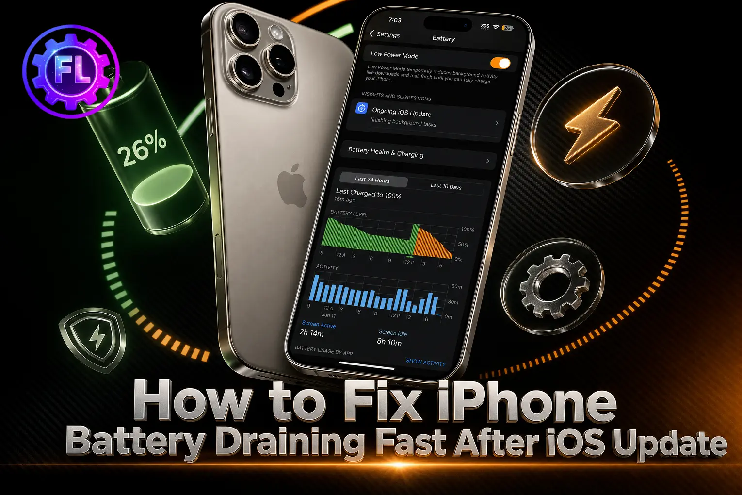 iPhone battery draining fast after iOS update? How to fix it using Low Power Mode, Battery Health & Charging, and checking app activity in iOS 26 settings.
