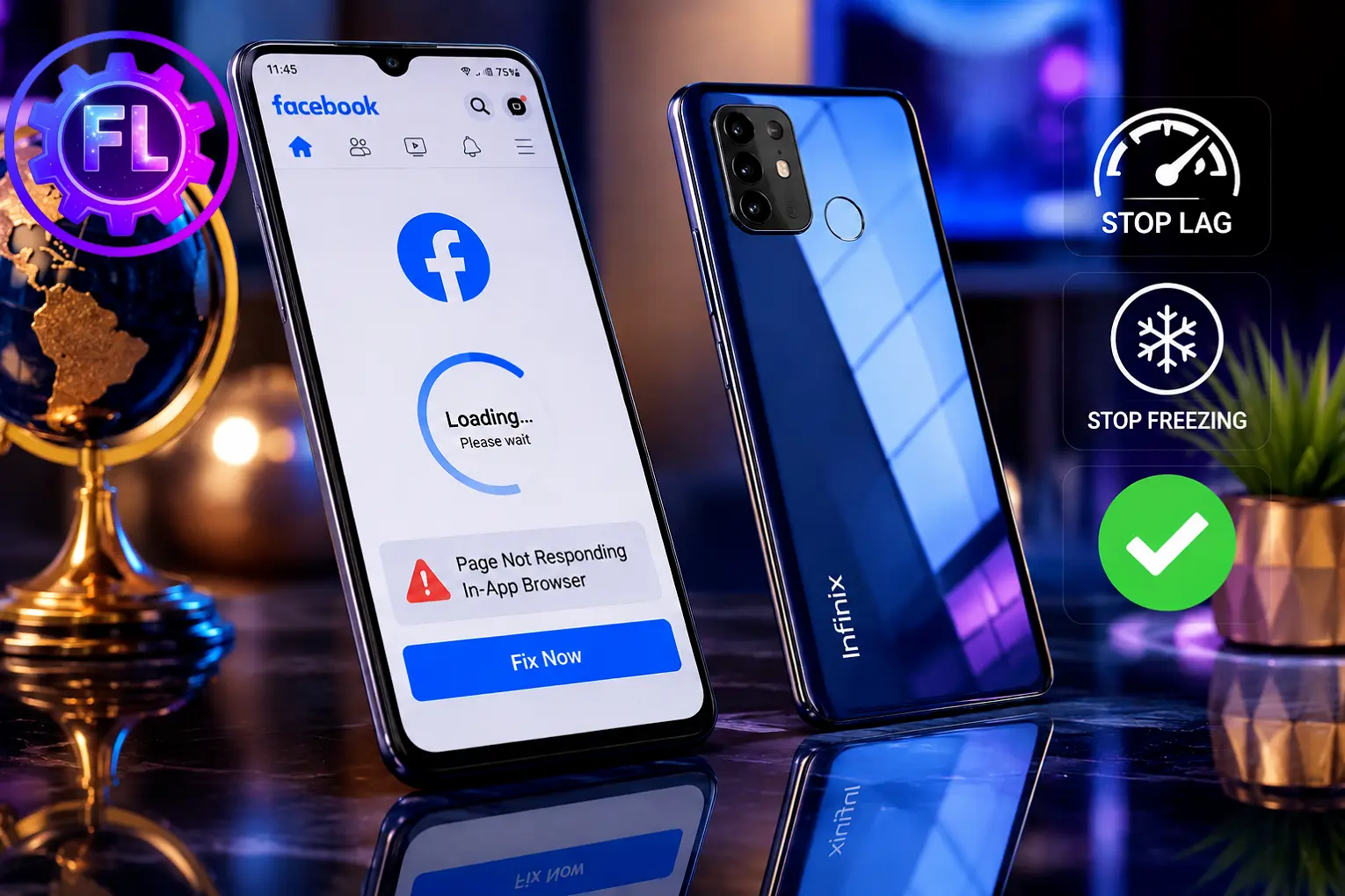 3D smartphone showing Facebook in-app browser loading and freezing issue, with Android WebView, lag and freezing fix concept