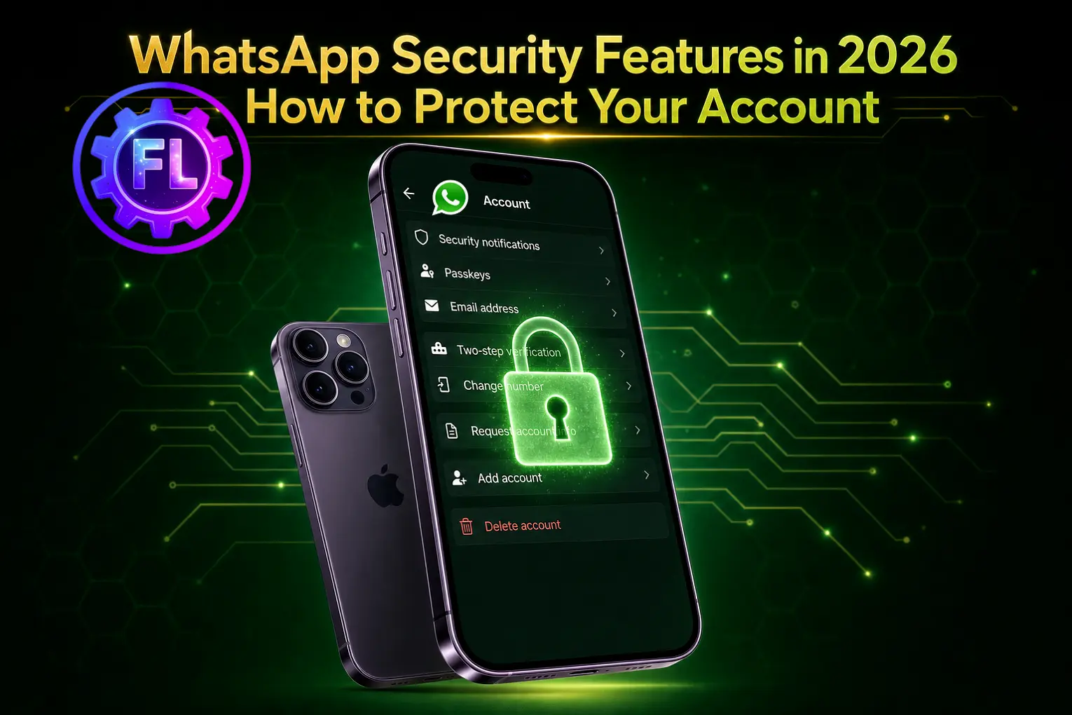 WhatsApp Security Features in 2026: How to Protect Your Account - Samsung Galaxy S26 Ultra displaying WhatsApp Account settings with a glowing digital padlock on a premium green cyber-security background.