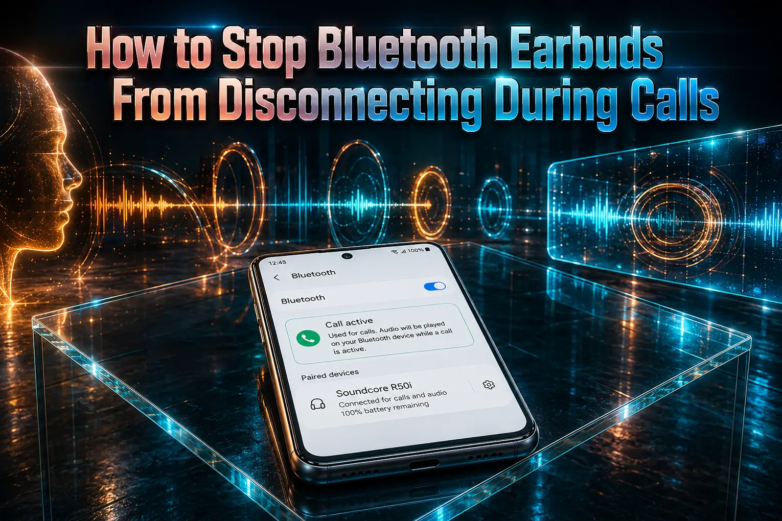 Bluetooth settings screen showing Call active toggle switched ON and Soundcore R50i earbuds connected for calls and audio, illustrating how to fix Bluetooth earbuds disconnecting during calls on Android and iPhone with step-by-step troubleshooting guide.