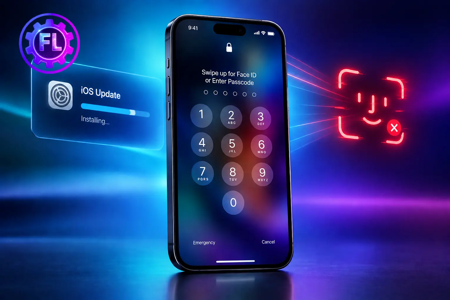 Face ID not working after iOS update on iPhone lock screen with red error icon