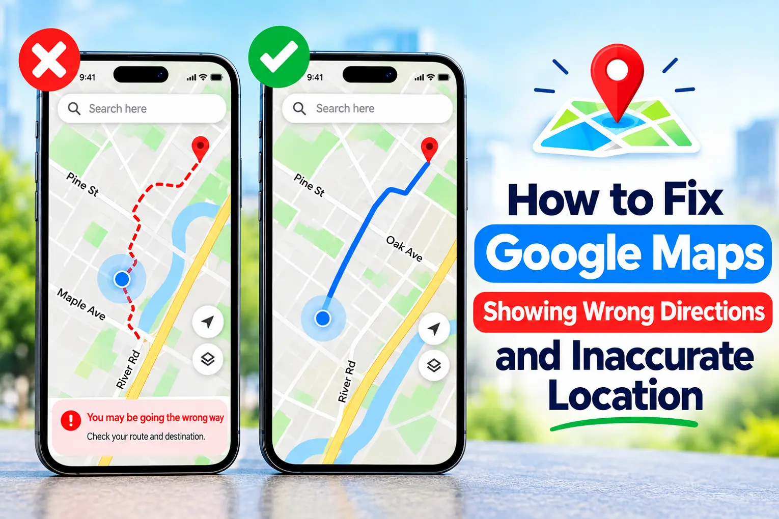 Side-by-side comparison showing a wrong route on the left phone and the correct navigation on the right phone.