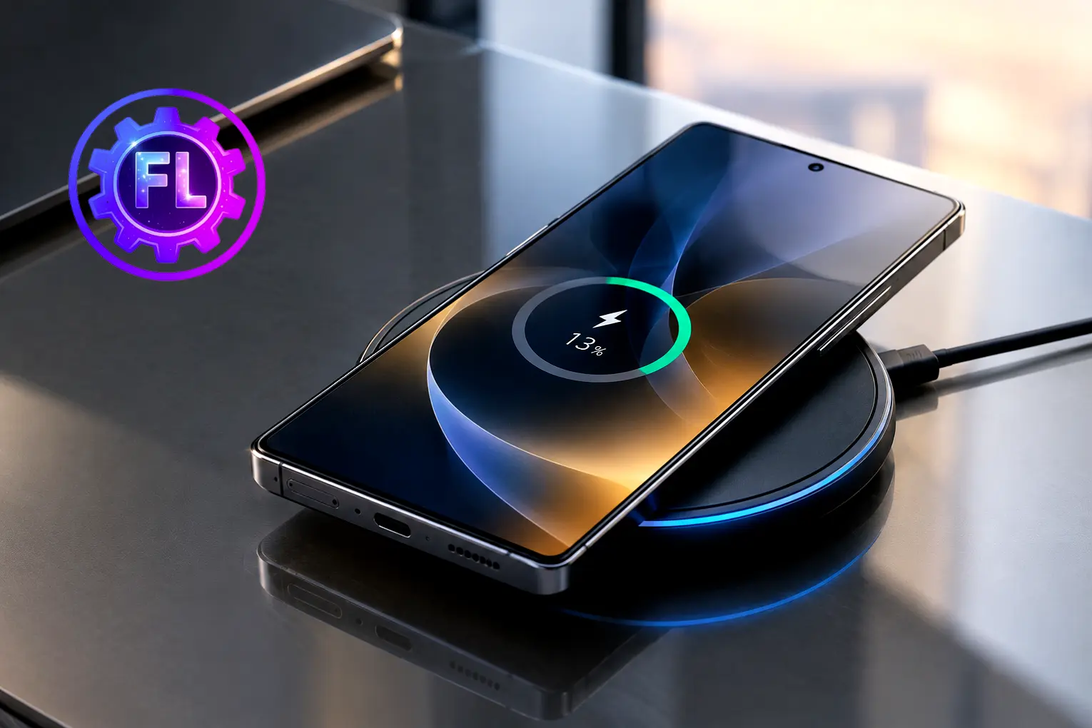 Galaxy S26 Ultra charging wirelessly on a pad while charging at 13 percent.