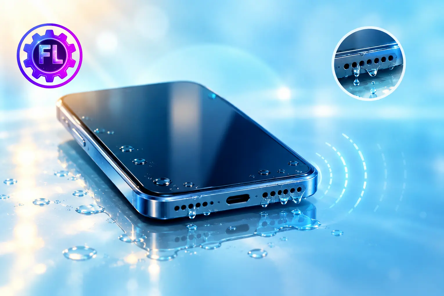 Smartphone with water droplets around the speaker grille and faint sound waves, showing reduced speaker audio after water exposure.