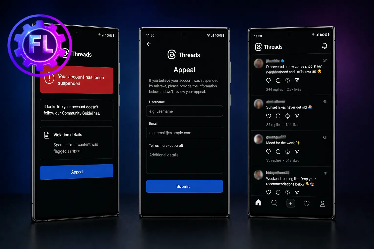 Threads account suspended appeal process shown on three Samsung S24 Ultra phones displaying suspension alert, appeal form with placeholder fields, and account active confirmation screen.