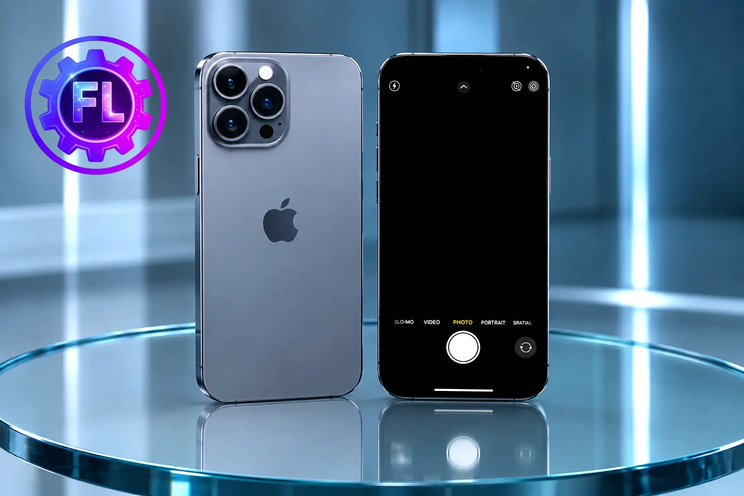iPhone 16 camera black screen fix troubleshooting guide showing Camera app black preview and rear camera module on glass table.